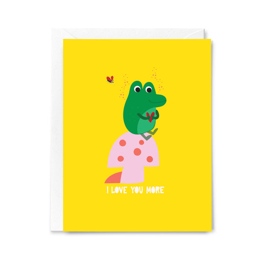 Love You More Valentine’s Day Card – Cute Frog on Mushroom with Heart by Loo McNulty